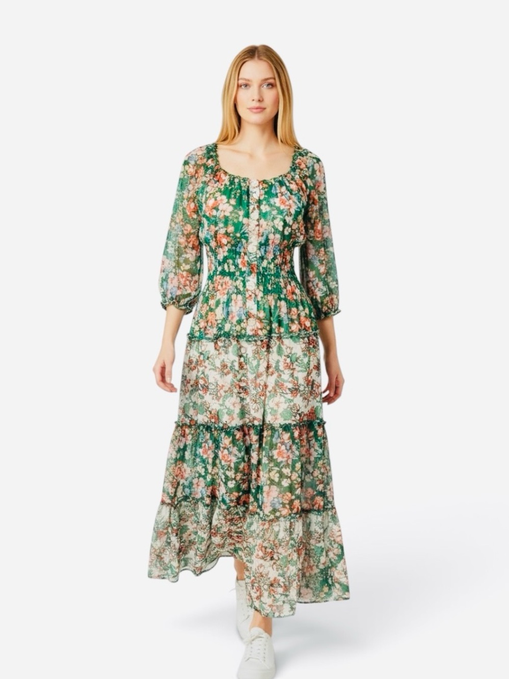 ANTHROPOLOGIE Fig & Flower Green Floral Tiered Dress